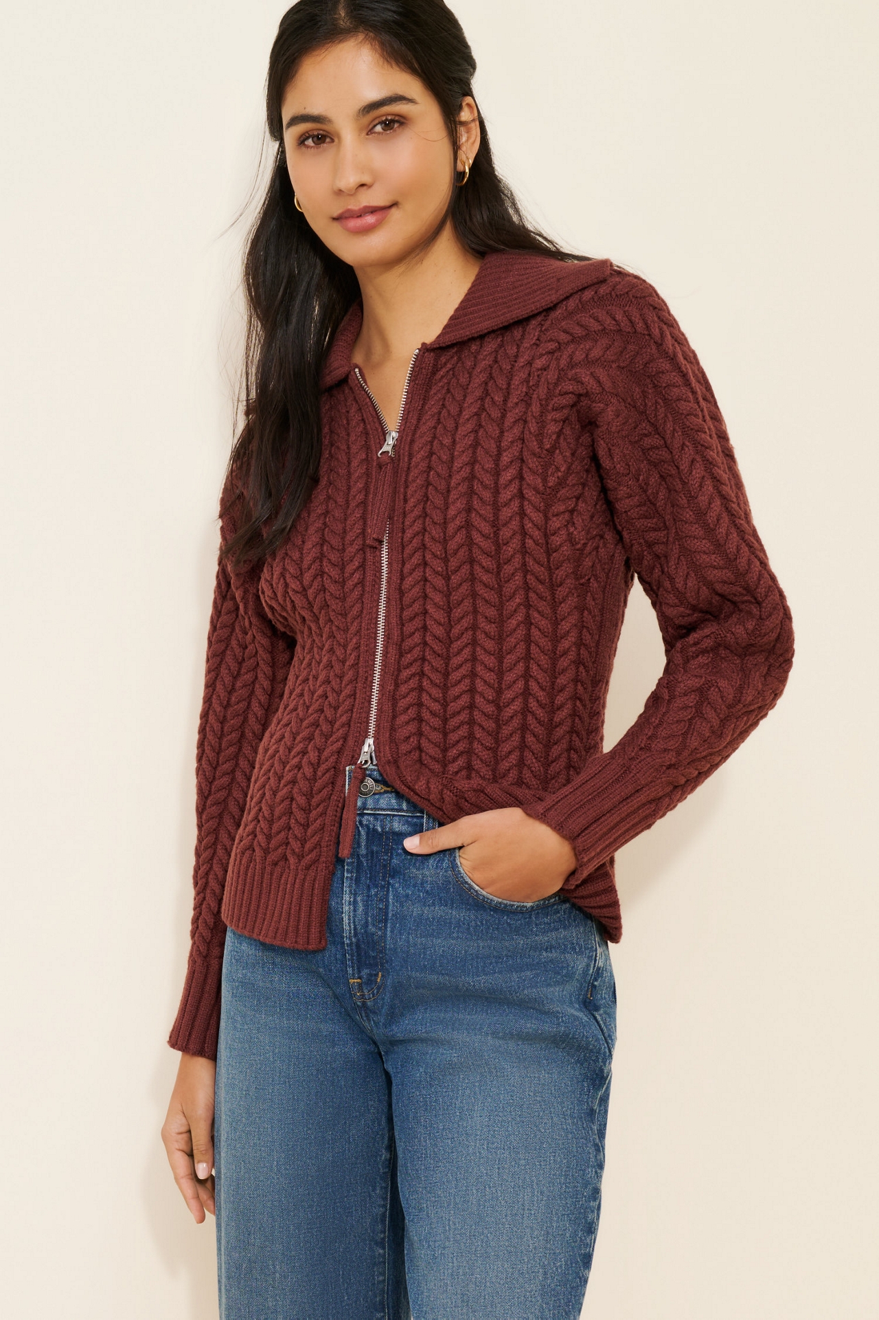 Maeve Hourglass Two-Way Zipper Ribbed Collared Sweater