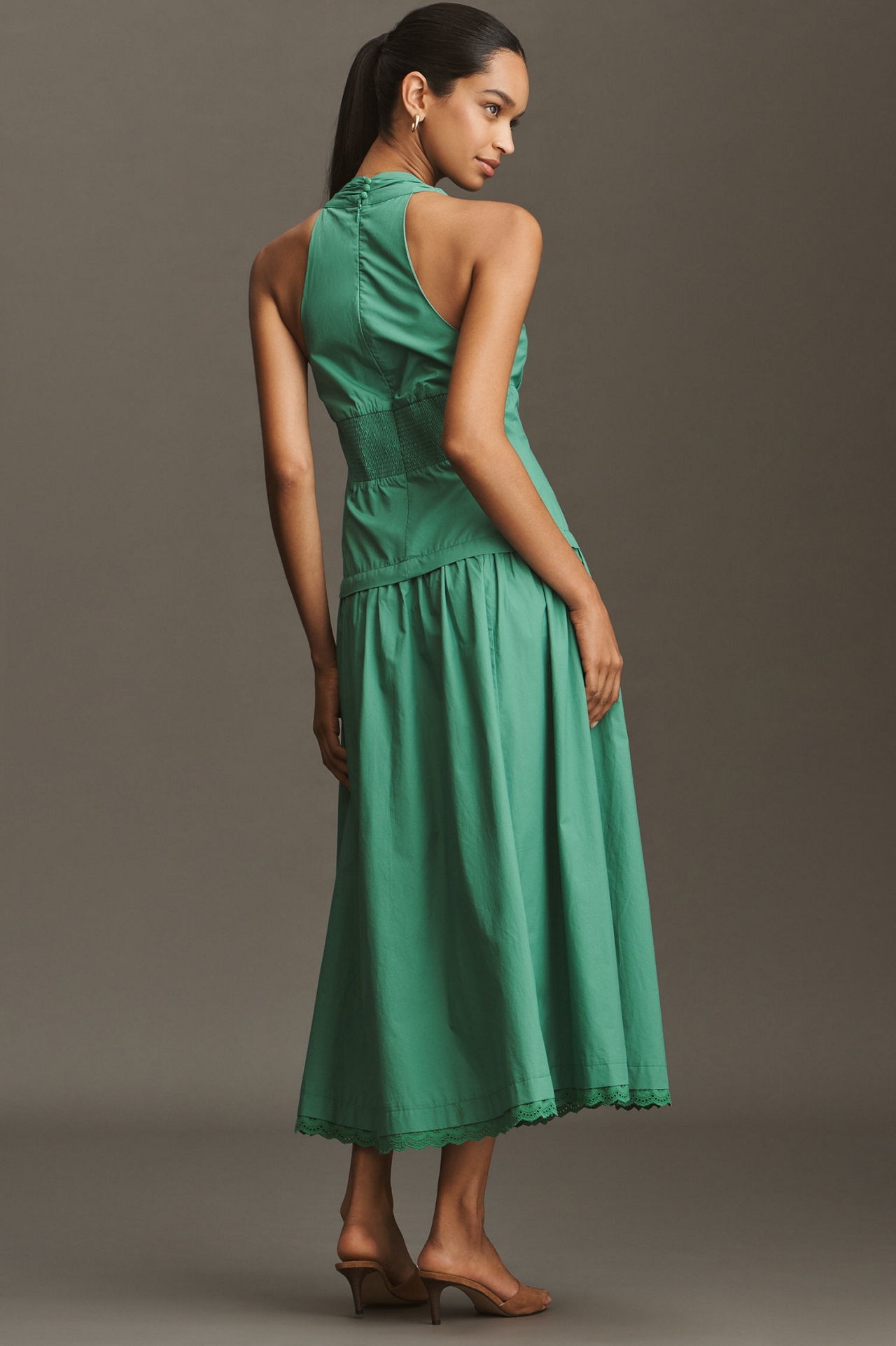 Maeve Halter V-Neck Drop-Waist Midi Dress