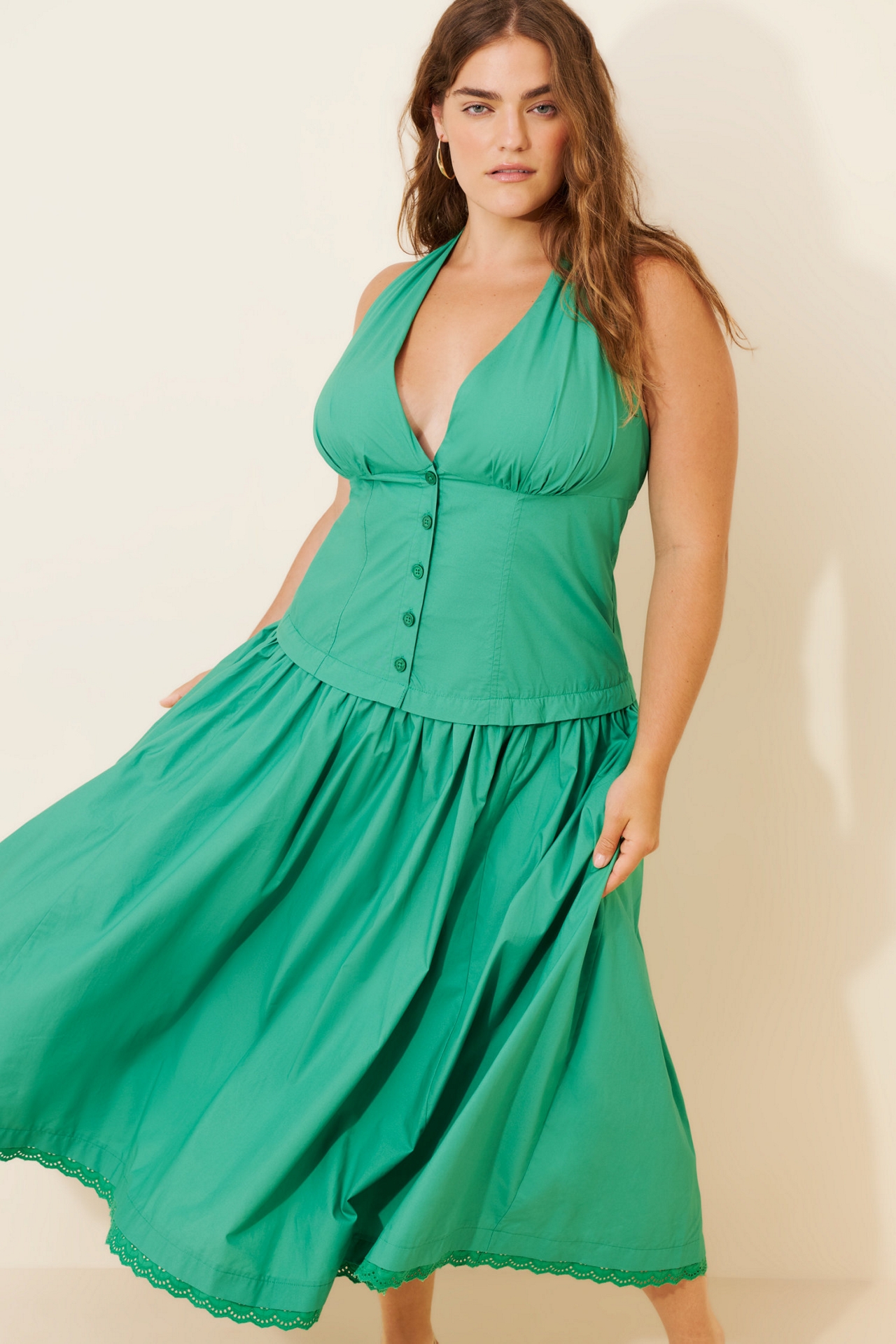 Maeve Halter V-Neck Drop-Waist Midi Dress