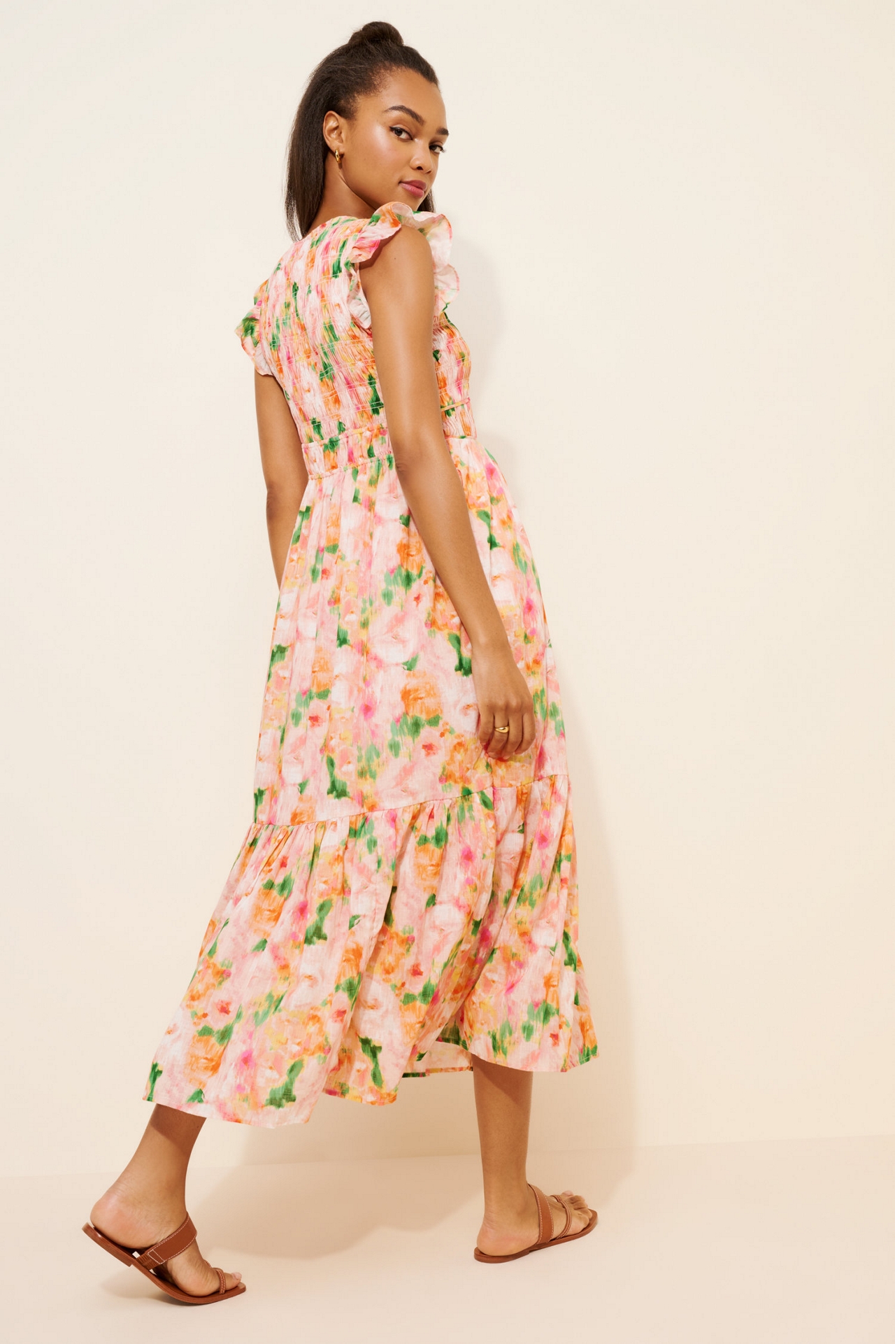 Smocked Bodice Buttonfront Midi Dress