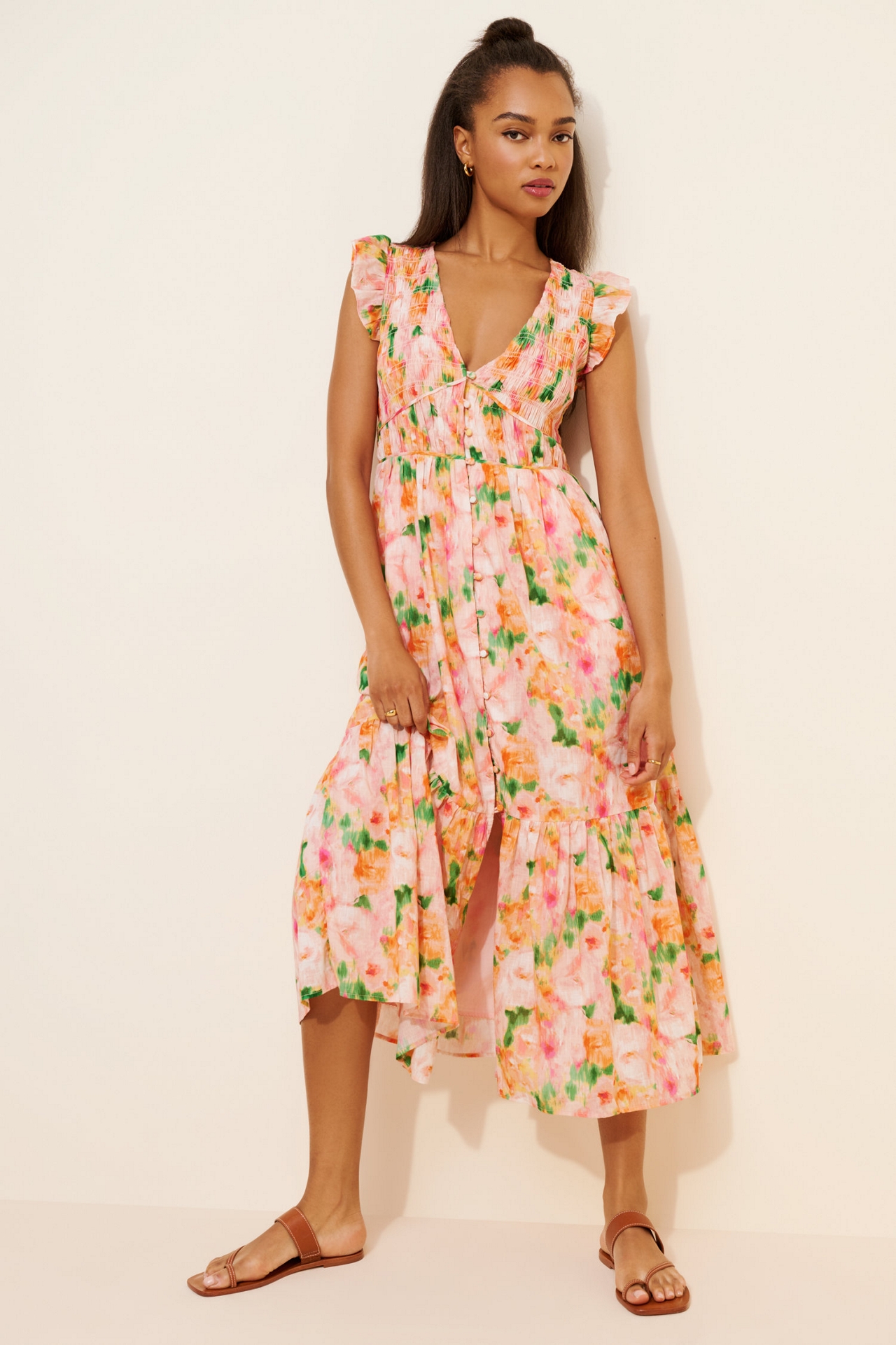 Smocked Bodice Buttonfront Midi Dress