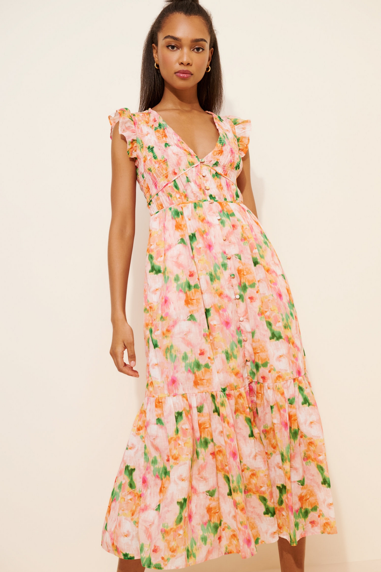 Smocked Bodice Buttonfront Midi Dress