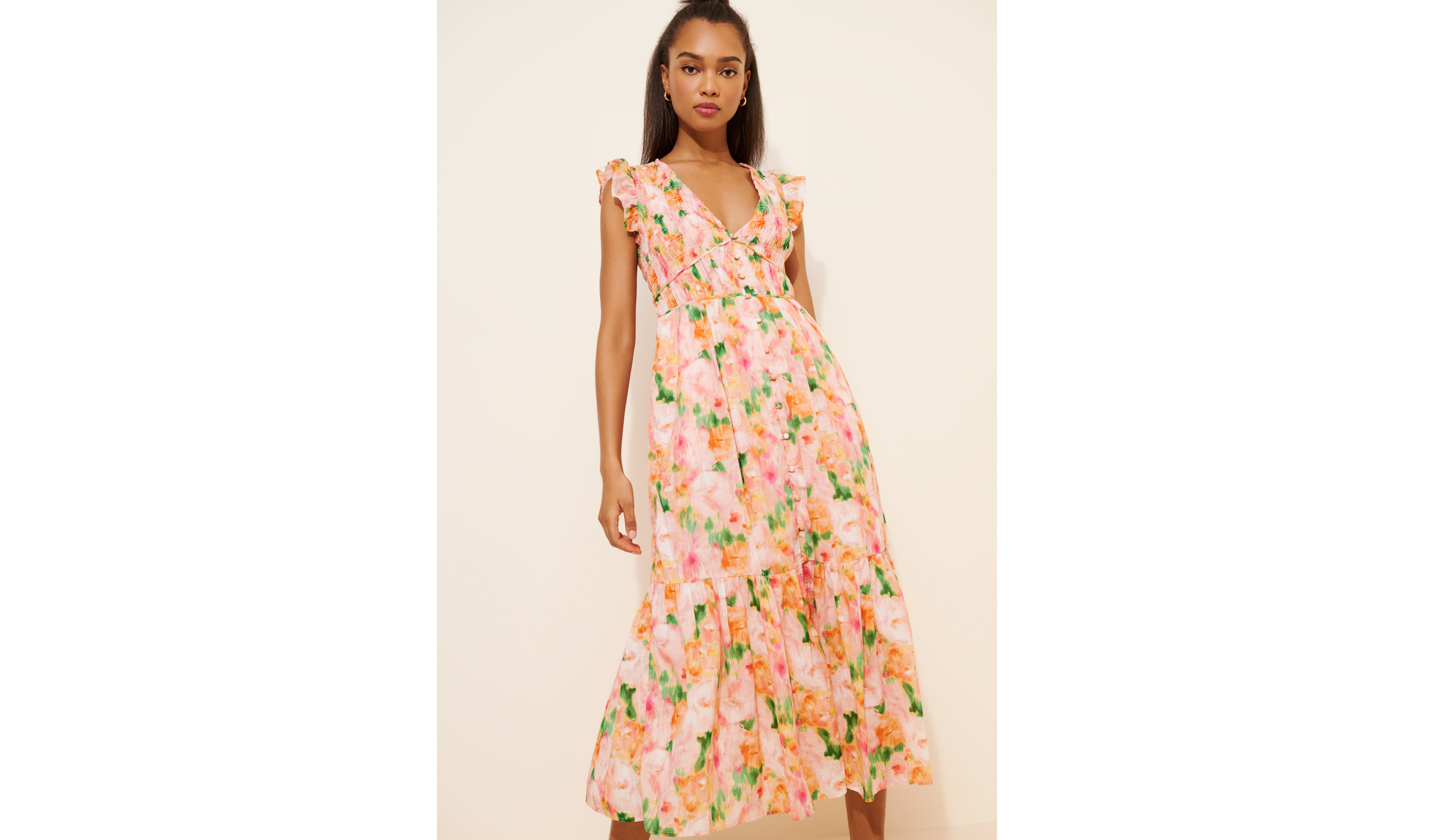 Smocked Bodice Buttonfront Midi Dress