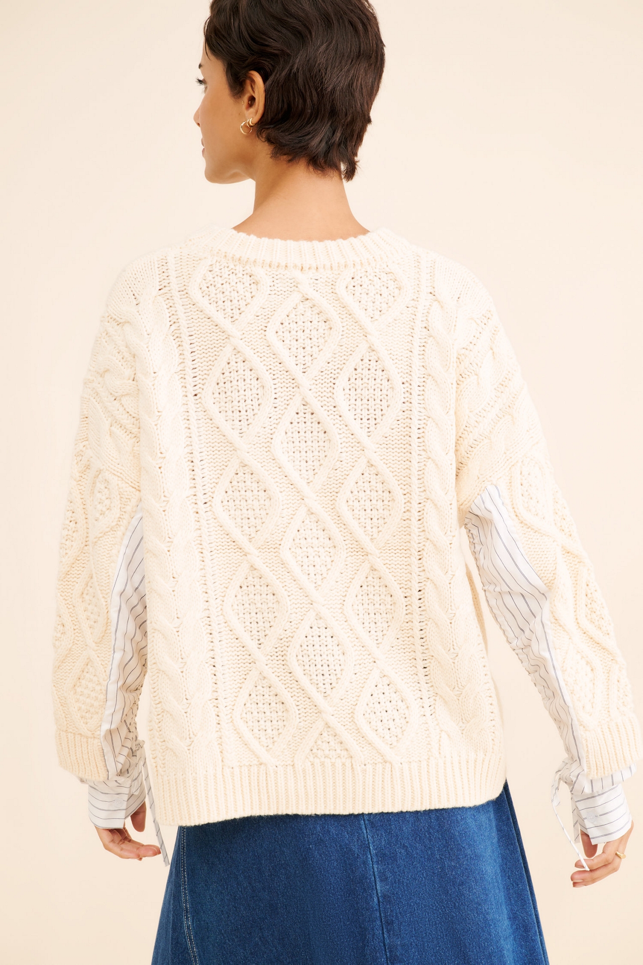Moon River Oversized Cable Poplin Twofer Sweater