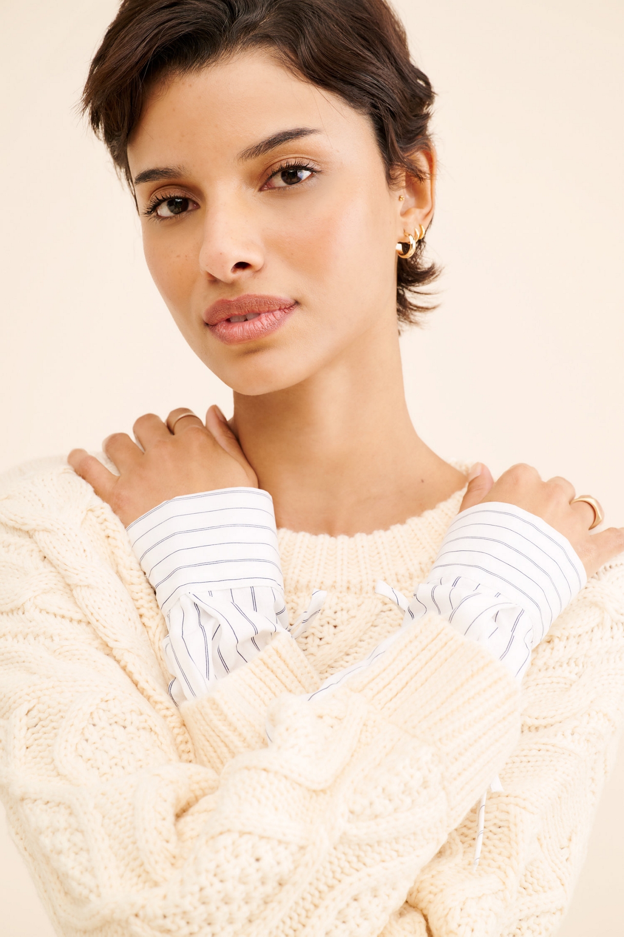 Moon River Oversized Cable Poplin Twofer Sweater