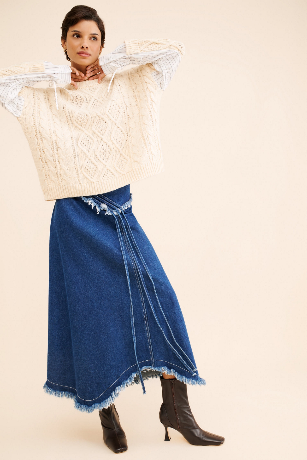 Moon River Oversized Cable Poplin Twofer Sweater