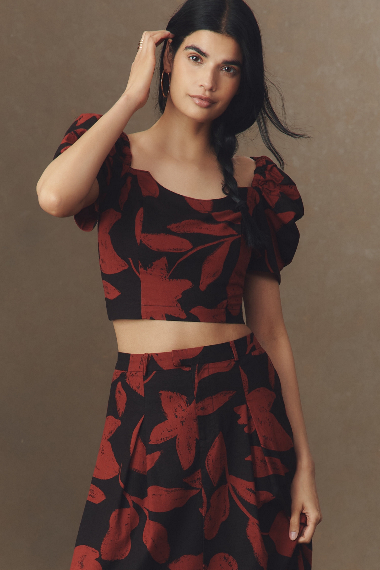 Puff-Sleeve Linen Blend Crop Top