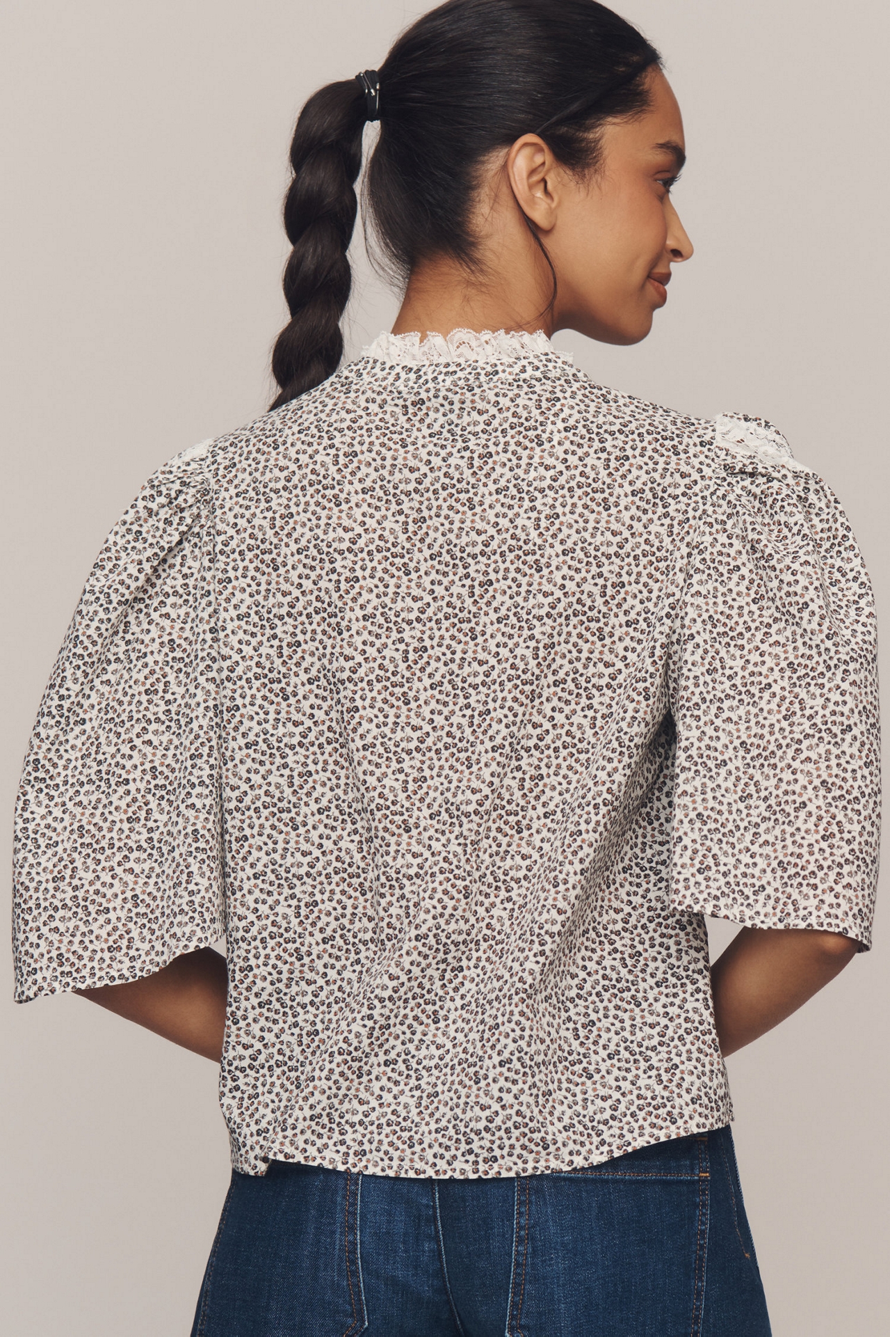 Cape-Sleeve Lace-Trim Blouse