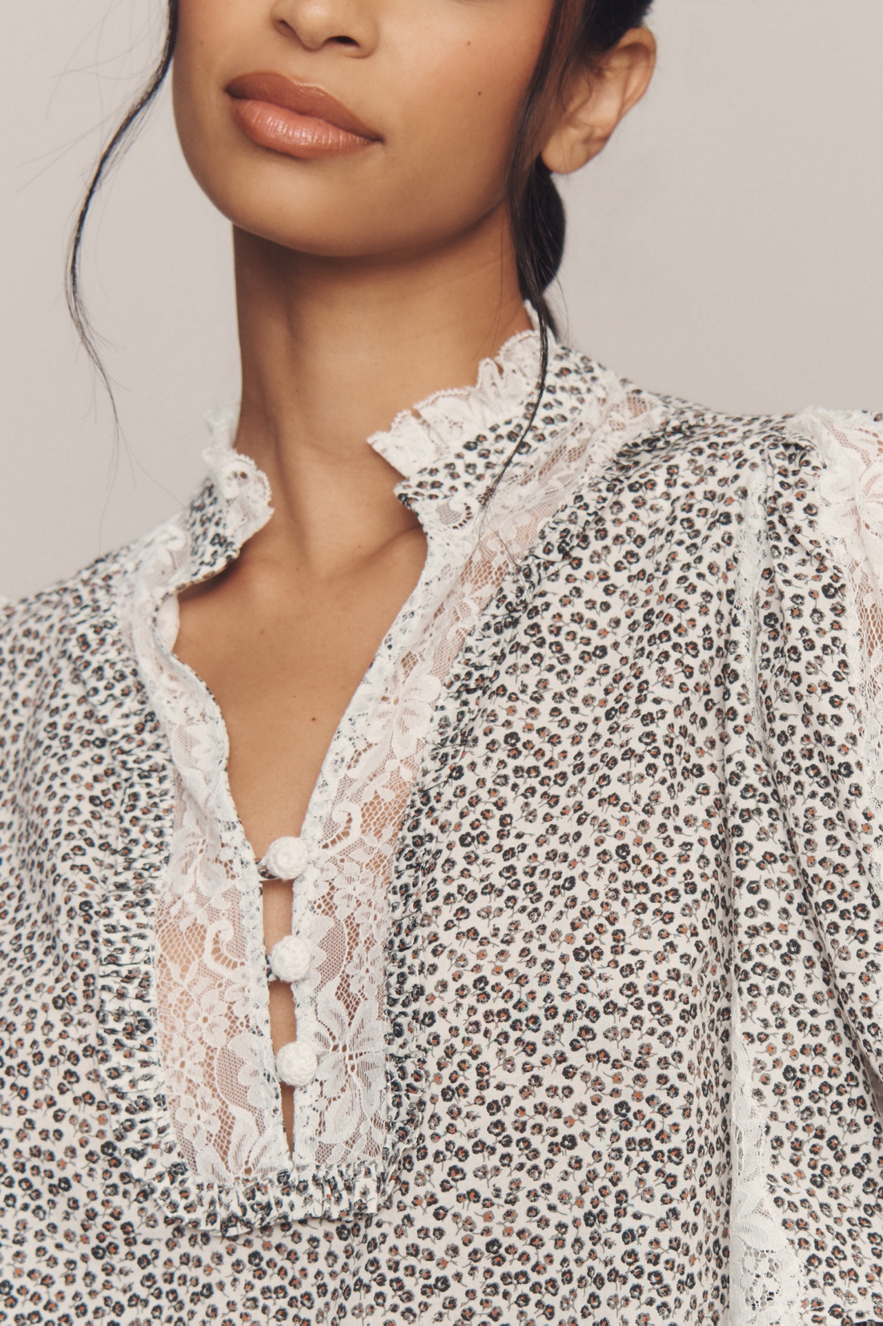 Cape-Sleeve Lace-Trim Blouse