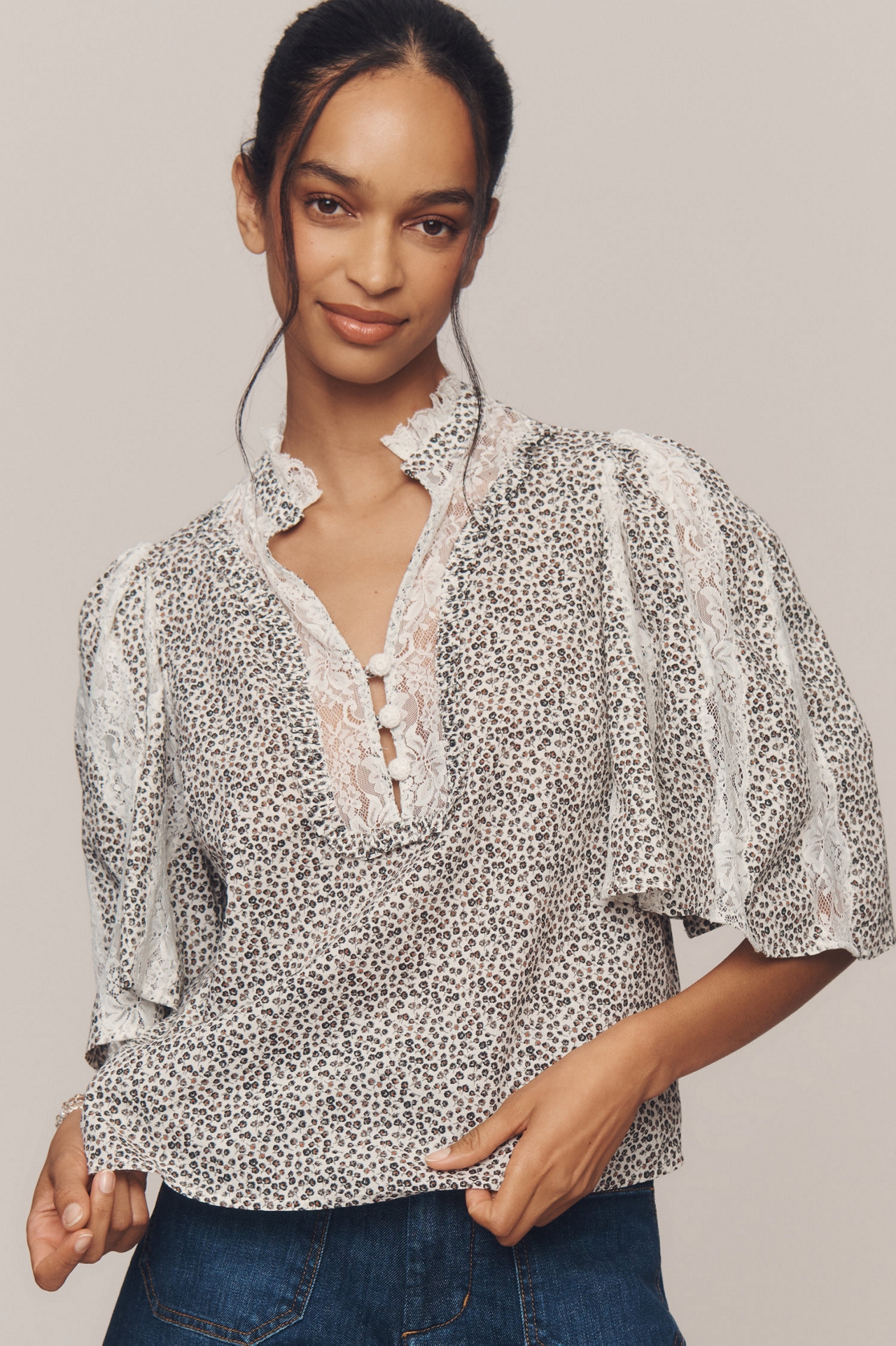 Cape-Sleeve Lace-Trim Blouse