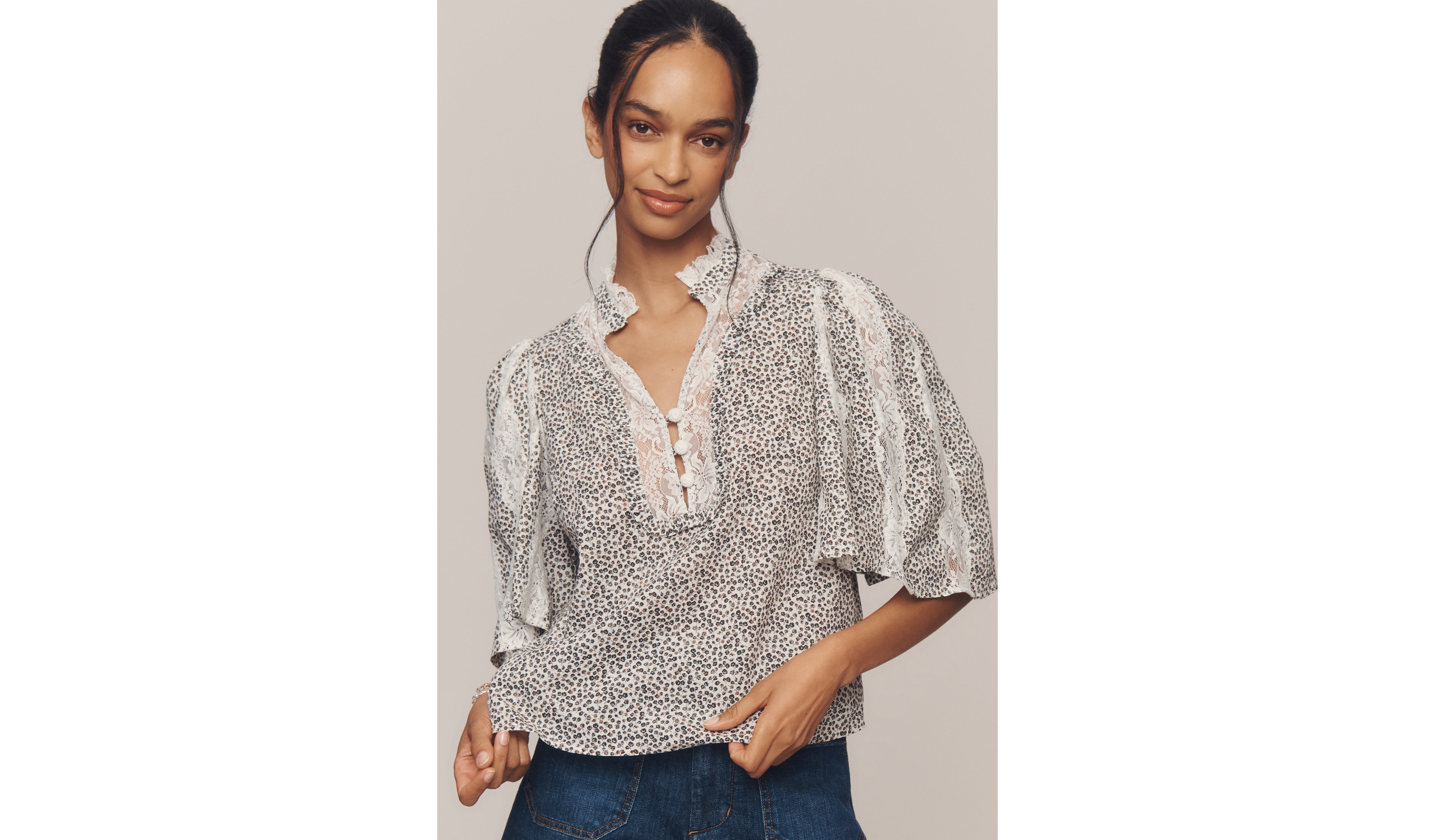 Cape-Sleeve Lace-Trim Blouse