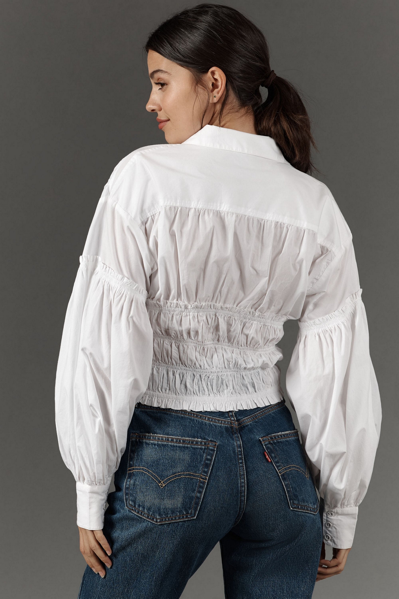 Balloon-Sleeve Collared Shirred Blouse