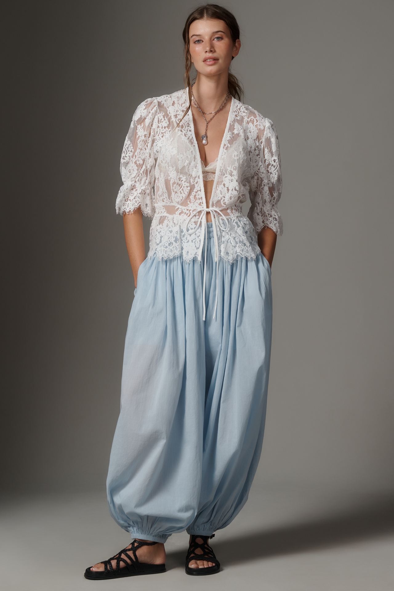 By Anthropologie Puffed Sleeve Sheer Tie-Front Lace Top