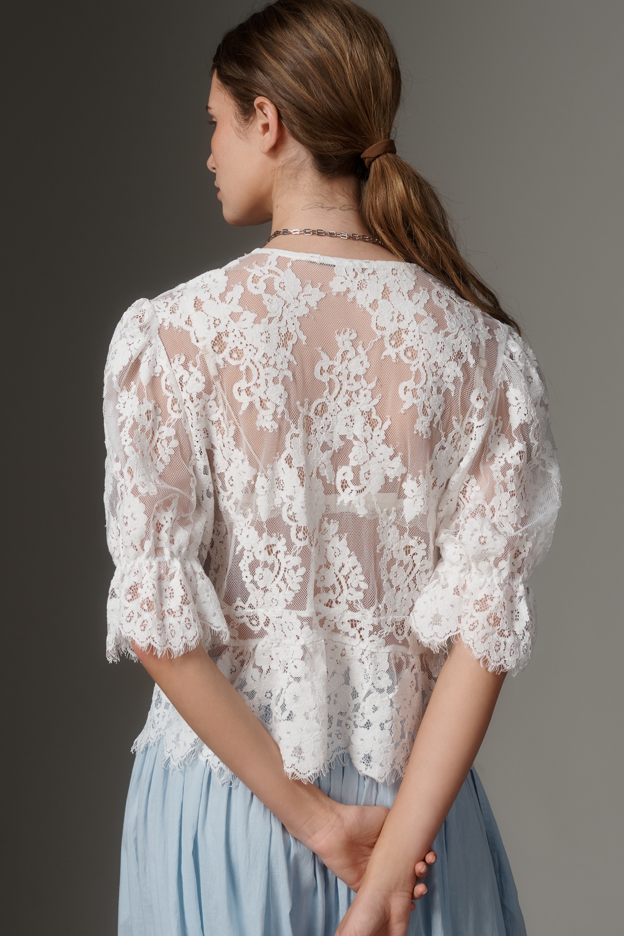 By Anthropologie Puffed Sleeve Sheer Tie-Front Lace Top