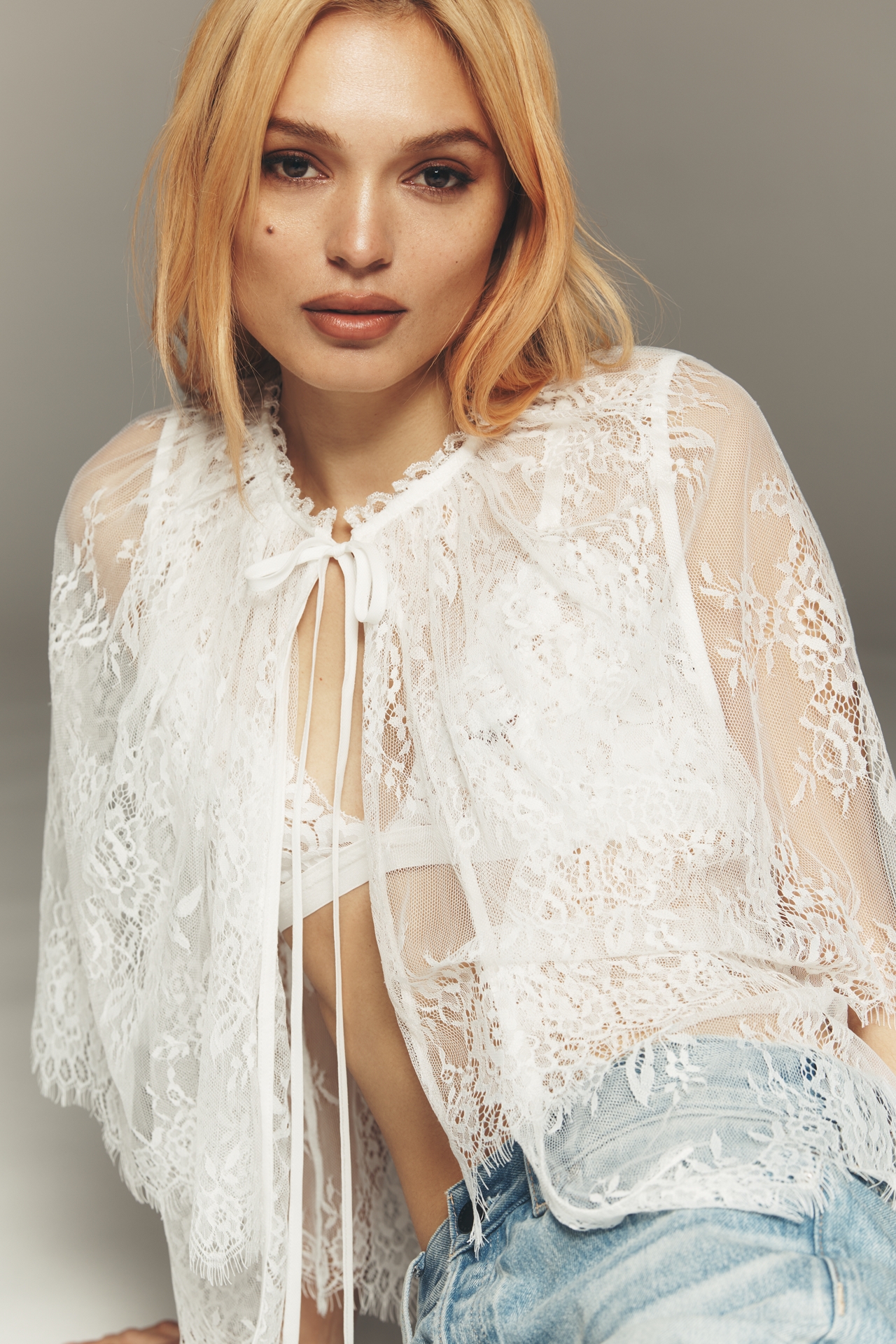 By Anthropologie Lace Tie-Front Poncho Cape