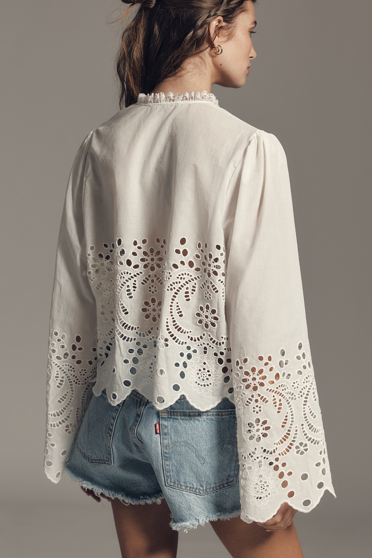 By Anthropologie Eyelet Tie-Front Long-Sleeve Blouse