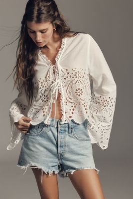 By Anthropologie Eyelet Tie-Front Blouse