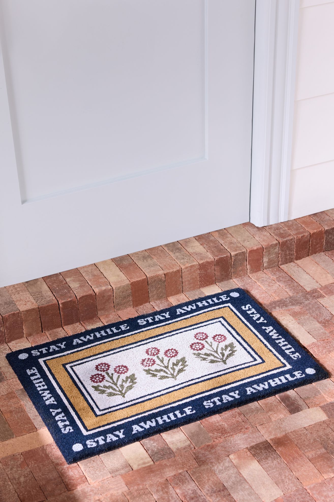 Stay Awhile Floral Coir Printed Doormat - Navy, 20"X30"