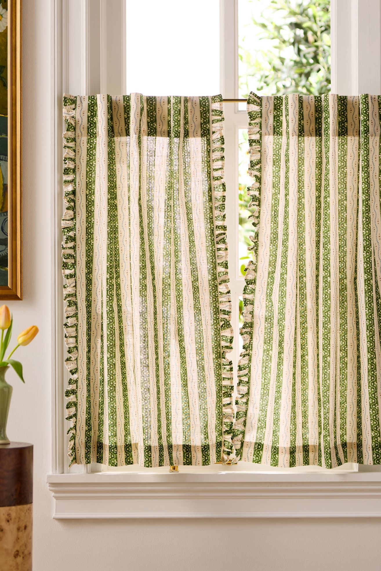 Ivy Cotton Striped Cafe Curtain, Set of 2 - Green, 25" x 36"