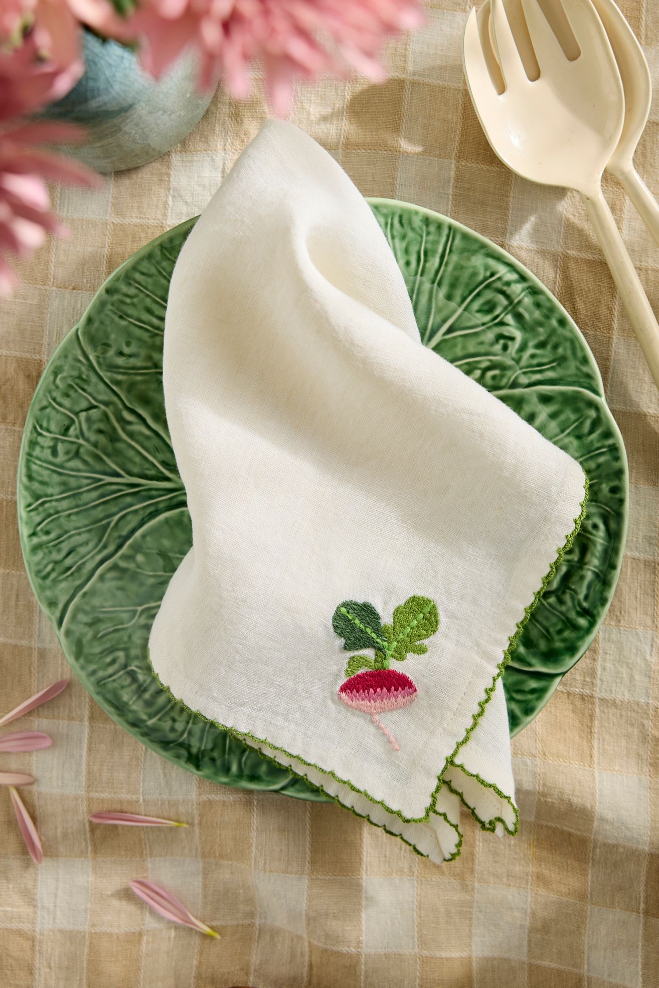 Embroidered Vegetable Linen Napkins, Set of 2 - Green, One Size