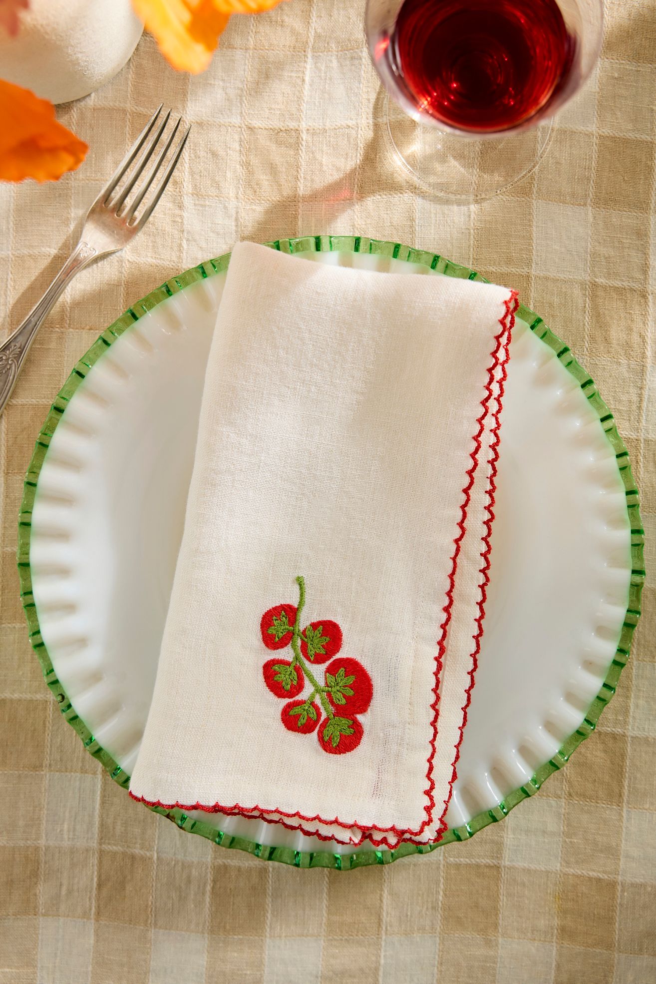Embroidered Vegetable Linen Napkins, Set of 2 - Tomato, One Size