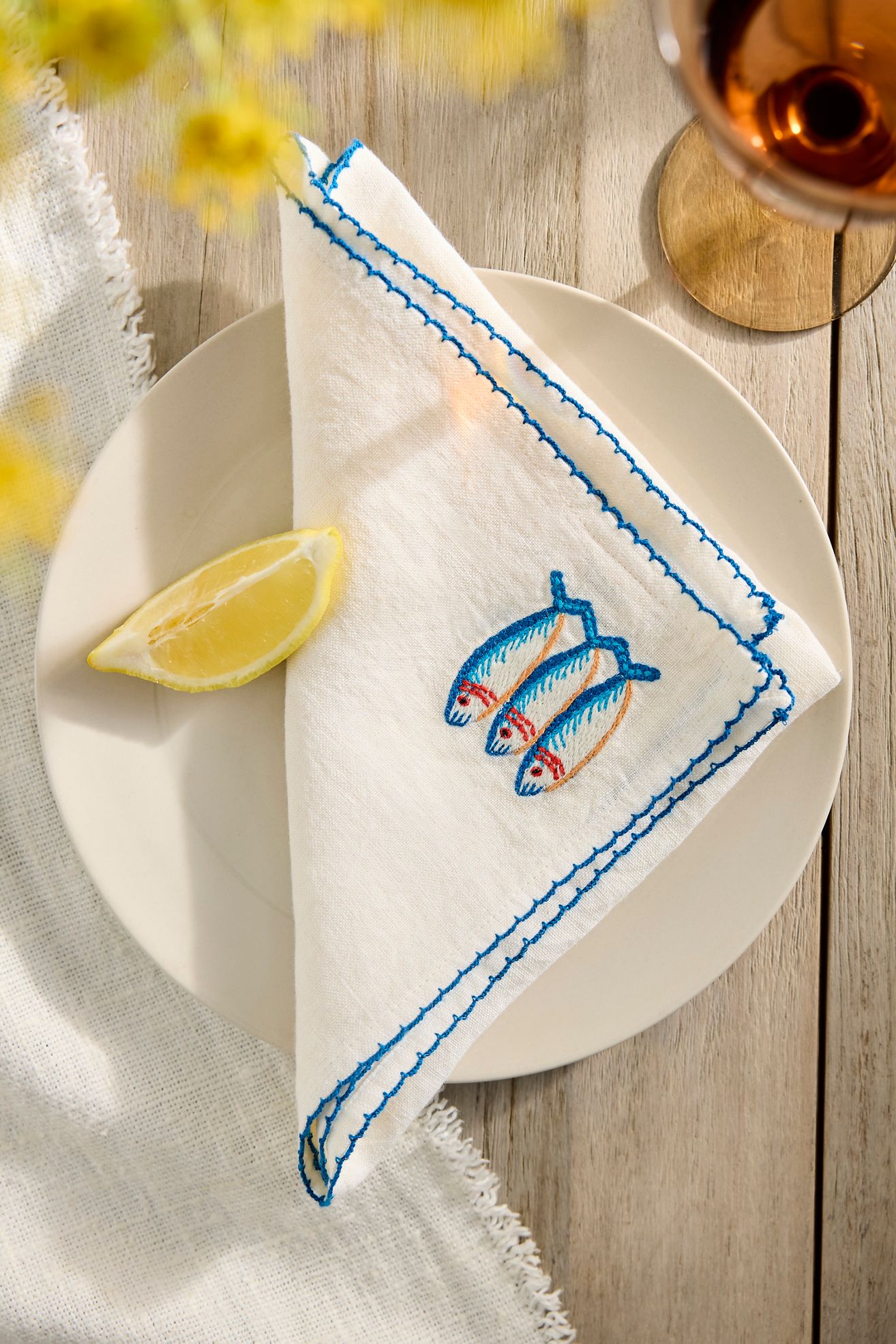 Embroidered Seafood Linen Napkins, Set of 2 - Blue, One Size