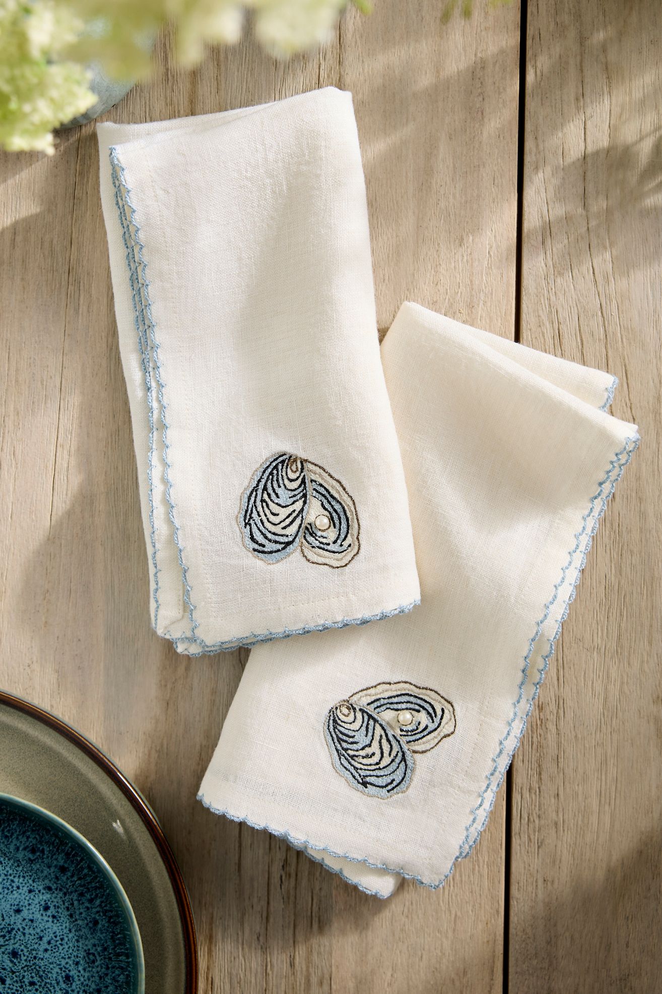 Embroidered Seafood Linen Napkins, Set of 2 - Light Blue, One Size