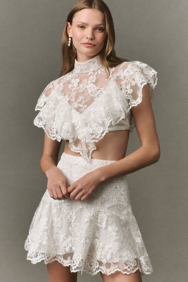 Lace Ruffle Mock-Neck Top and Mini Skirt Set