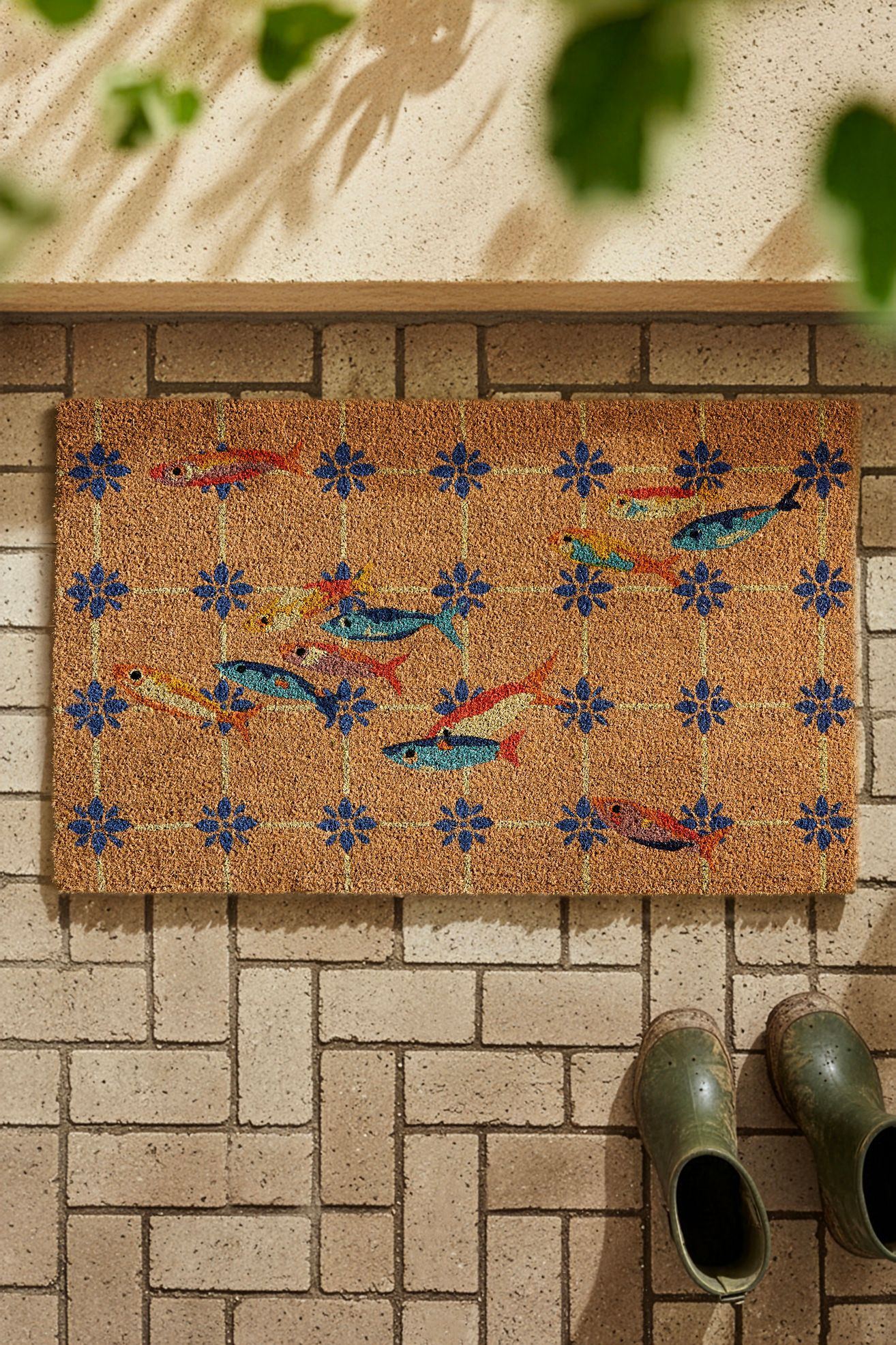 Fish Tile Coir Doormat - Blue, One Size
