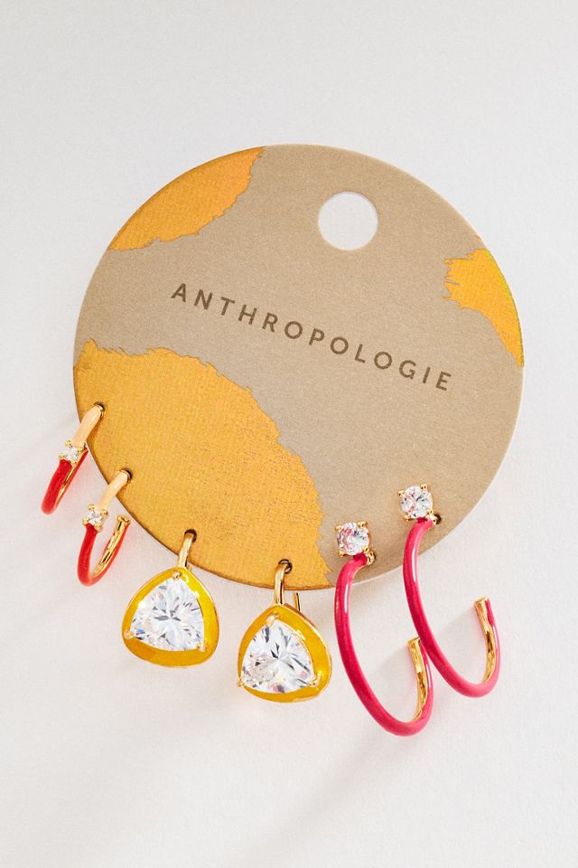 By Anthropologie Enamel Hoop & Crystal Drop Earrings, Set of 3 #1