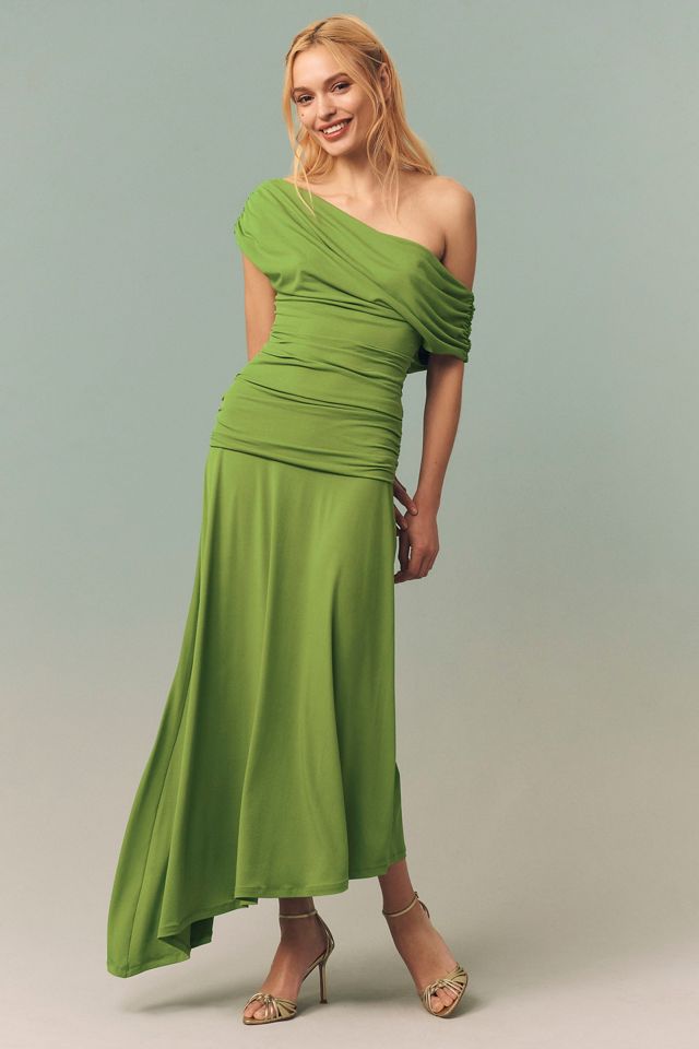 green emerald velvet dress LUXX One Shoulder Satin Midi Dress Emerald Green