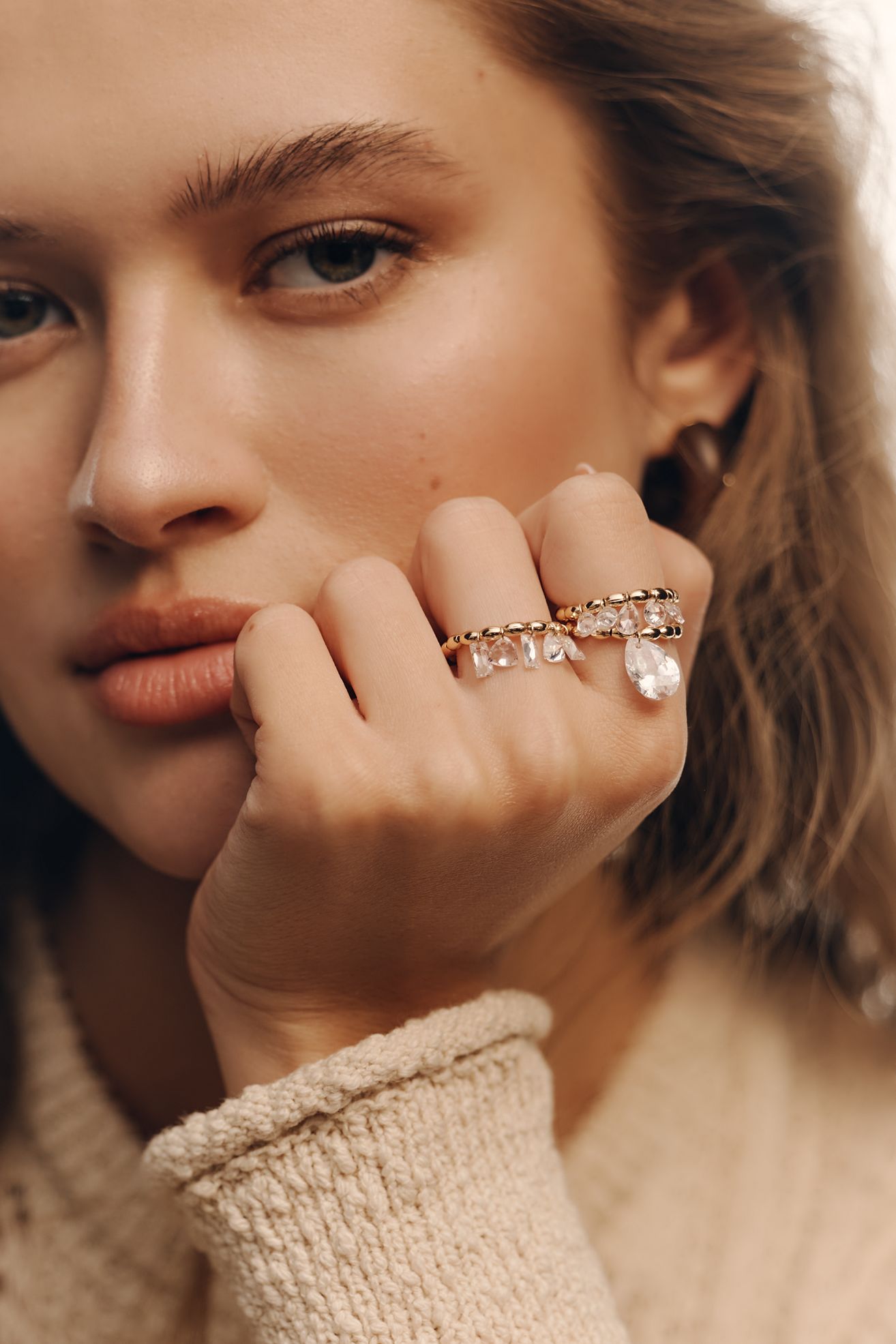 Crystal Stretch Rings, Set of 3 - Clear/Gold, One Size
