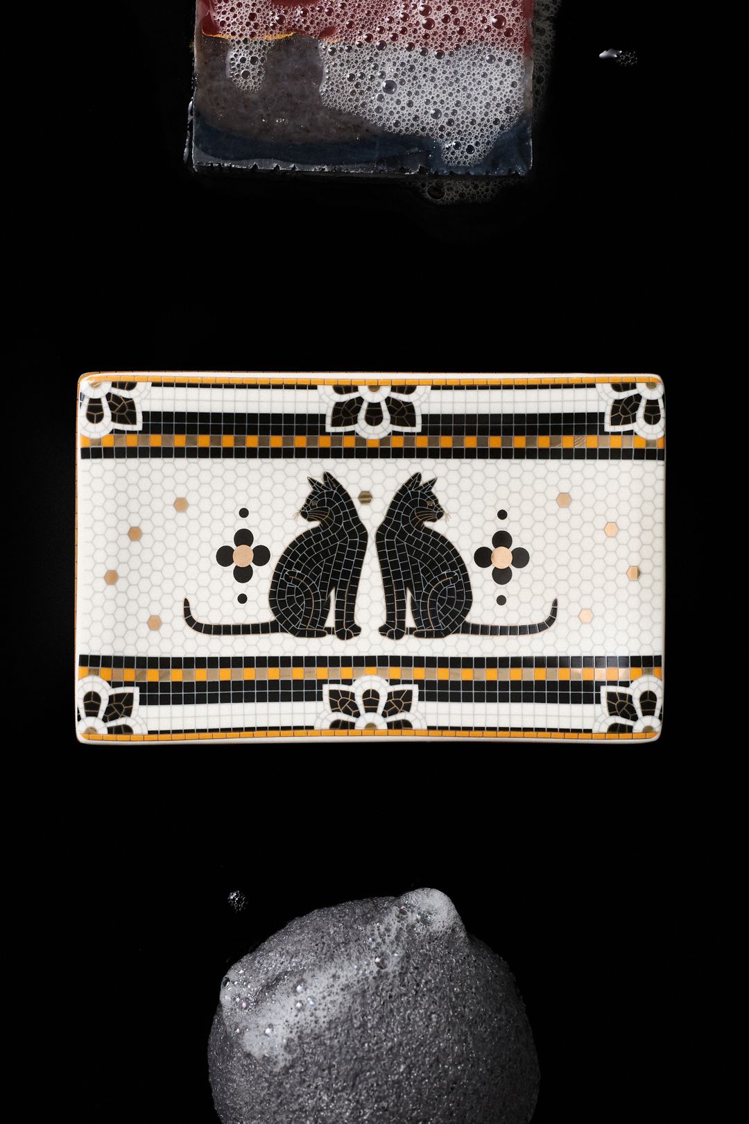 Bistro Tile Stoneware 24k Gold Accent Halloween Soap Dish - Black & White Pattern, One Size