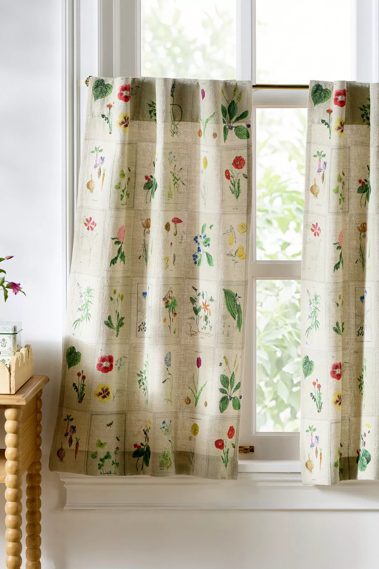 Botanical Cotton Linen Floral Cafe Curtains, Set of 2