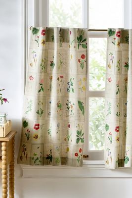 Botanical Cotton Linen Floral Cafe Curtains, Set of 2