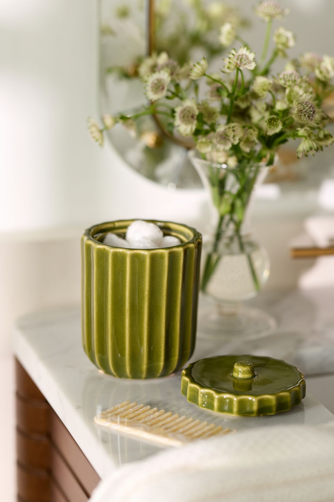 Reactive Ribbed Ceramic Bath Canister - Green, One Size