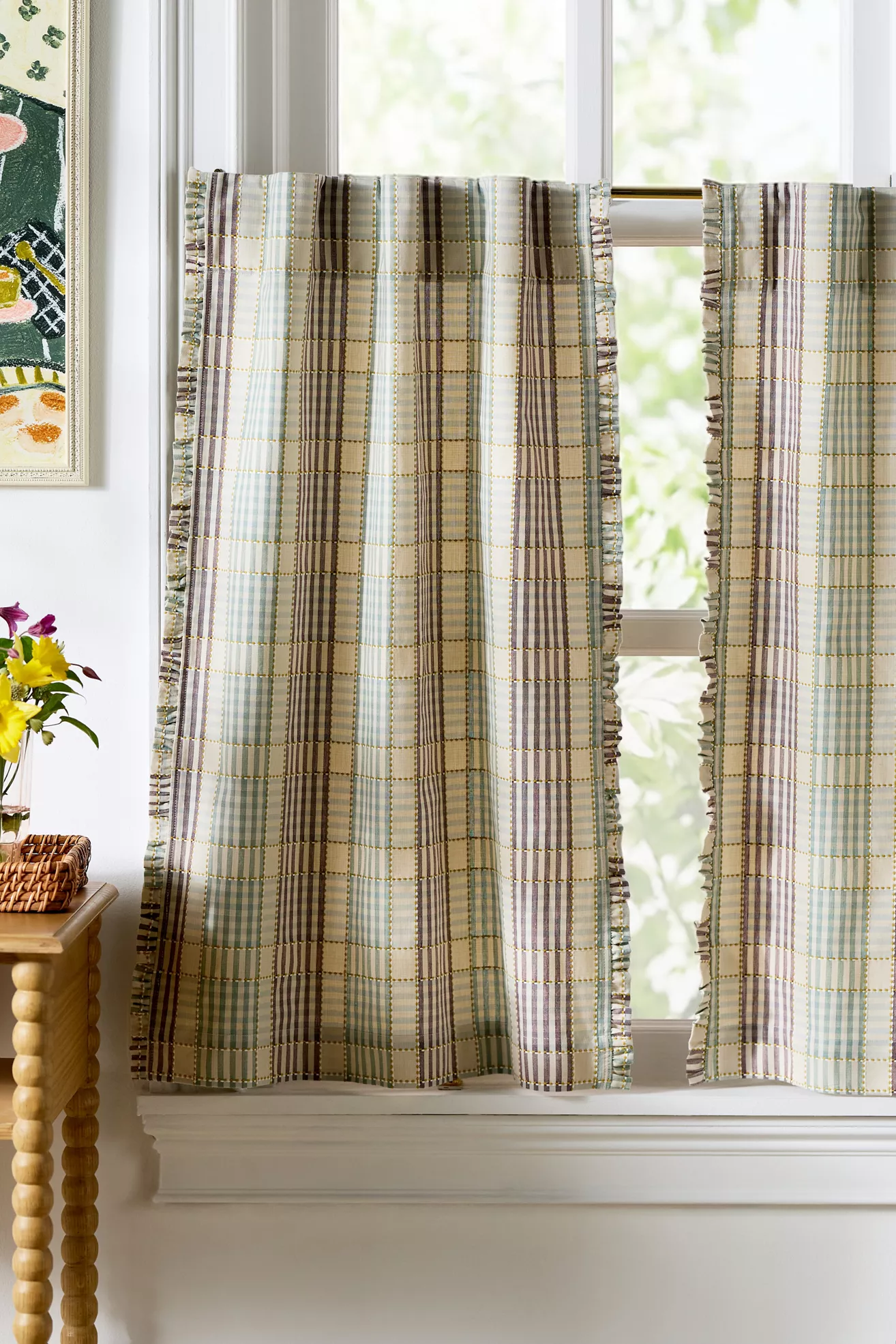 Tucker Plaid Ruffle Edge Cotton Cafe Curtains, Set of 2