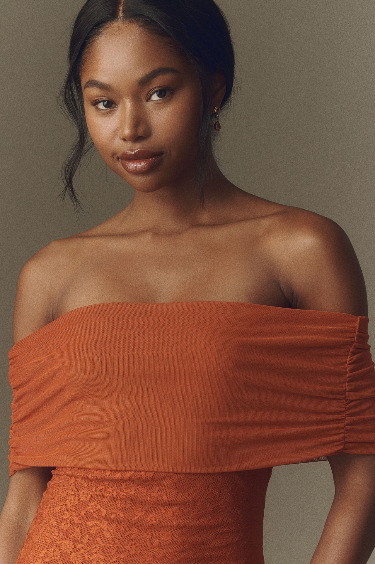 BHLDN Off-The-Shoulder Lace and Mesh Maxi Dress