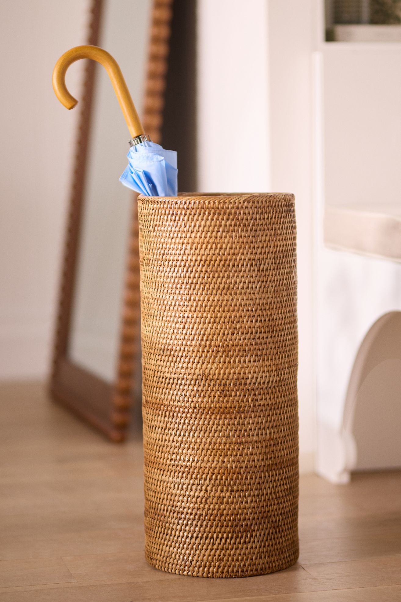 Rattan Round Umbrella Basket with Drip Tray - Brown, One Size