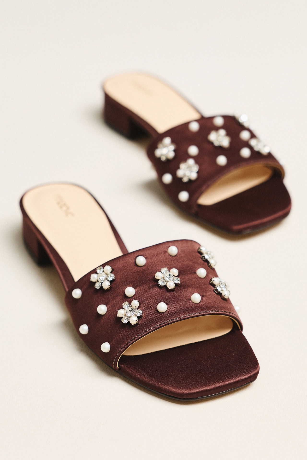 Satin Embellished Slide Sandals
