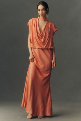 Plunge Cowl-Neck Satin Maxi Dress