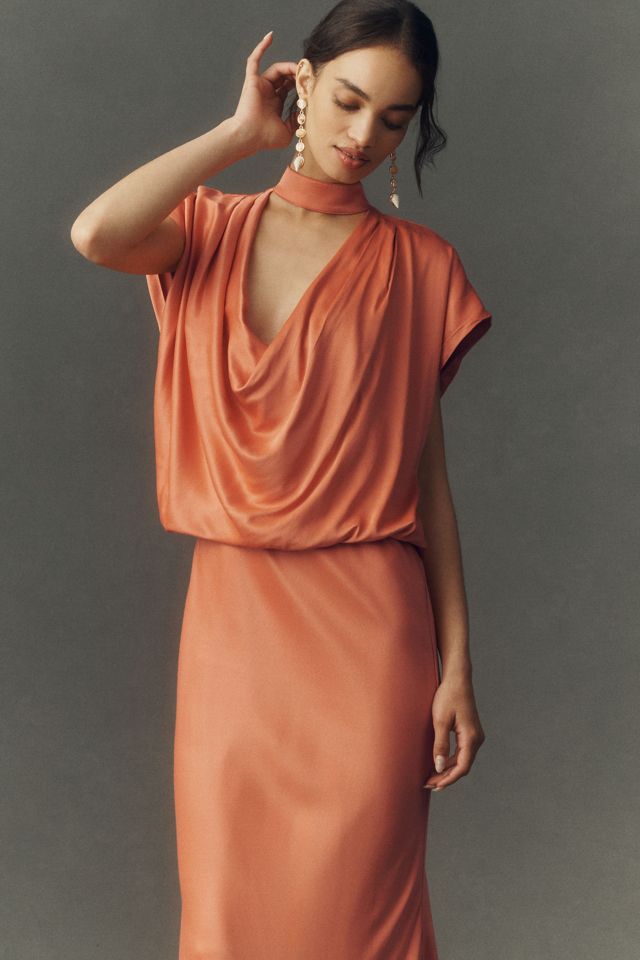 strapless open back dress Orange Satin Midi Dress main image 0