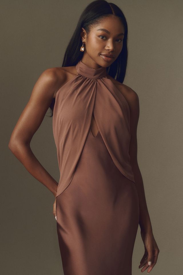 brown halter satin dress ALICIA SATIN HALTER MIDI DRESS main image 1