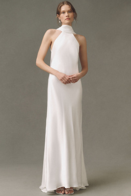 Jenny Yoo Satin Halter-Neck Maxi Dress | Anthropologie