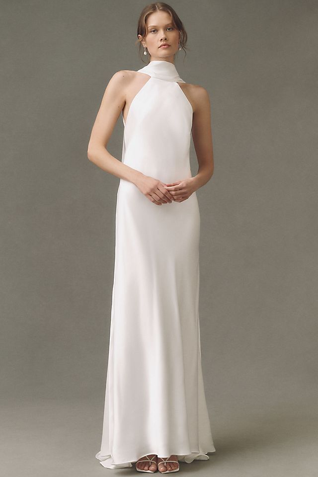 satin halter dress white Wedding CH079W Halter Satin Wedding Dress CH079W this gown allows for enhanced flexibility and a flattering drape that moves effortlessly with your body Ingrid Formal Satin Halter Dress