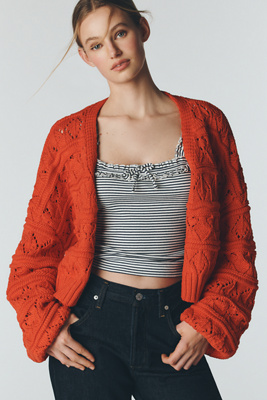 MARKAWARE マーカ ネップ 厚手 ニット シープスキン 肘当て 2 橙色 Maeve Chunky Tape Yarn Cardigan Sweater | Anthropologie