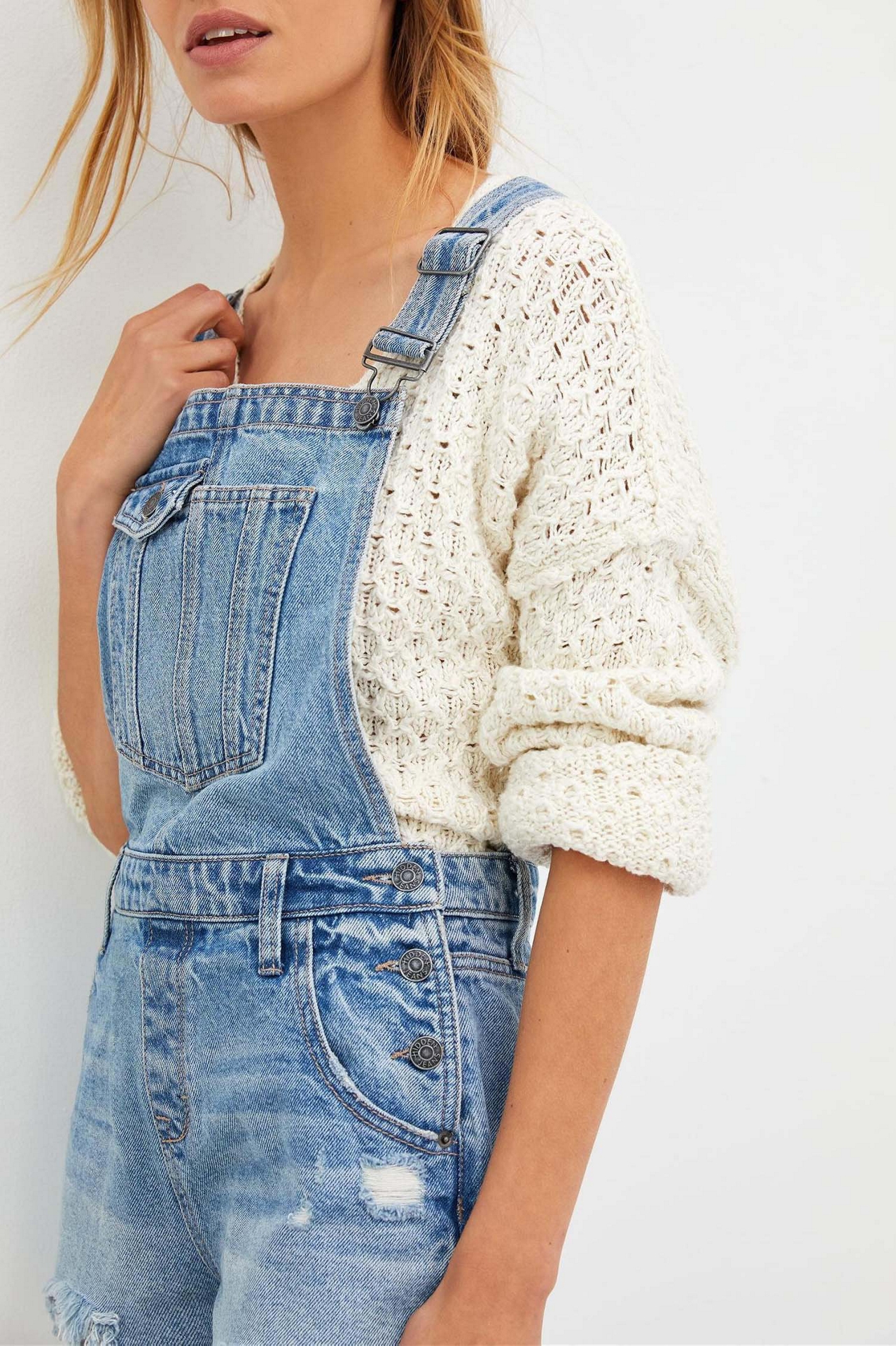 Hidden Jeans Frayed Denim Short Overalls