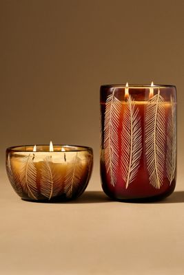 Feathered Woody Leather & Leaves Glass Candle