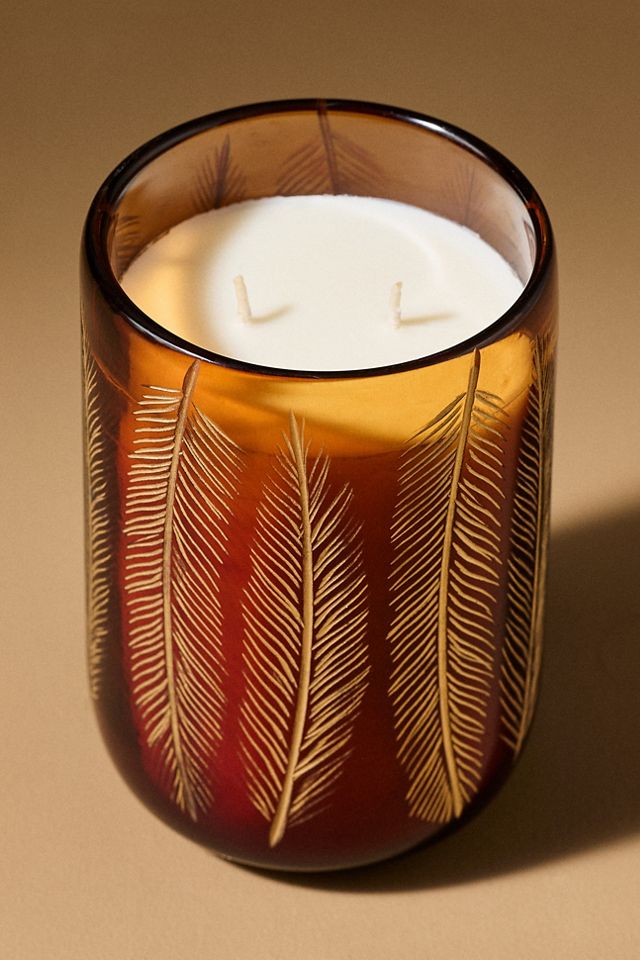 Feathered Woody Leather & Leaves Glass Candle #2