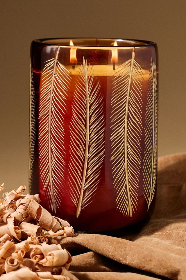 Feathered Woody Leather & Leaves Glass Candle #1